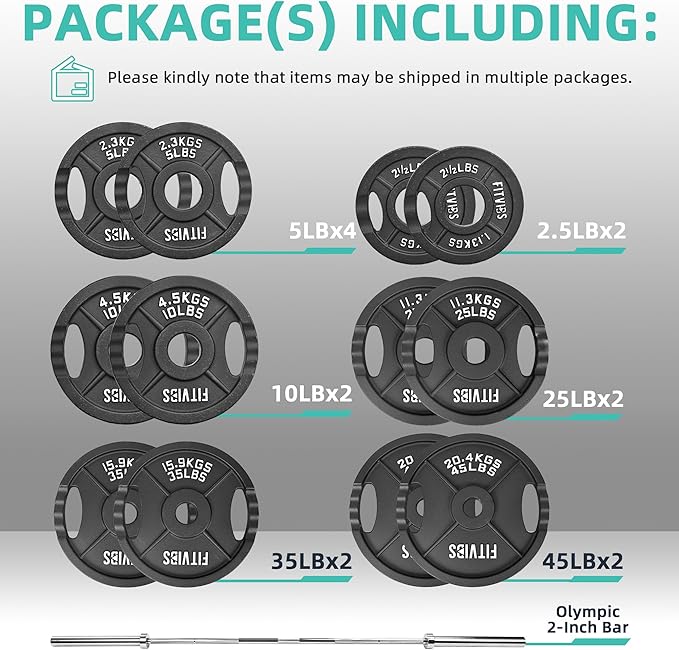 Fitvids Olympic 2-Inch Cast Iron Barbell Set, Including 255 Pounds Weight Plates Set with 7FT Olympic Bar (300 Pounds Total), Multiple Packages
