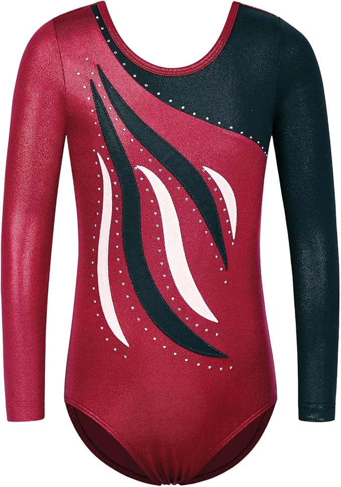 BAOHULU Leotards for Girls Gymnastics Long Sleeve Embroidery Shiny Black Diamond Dance Clothes