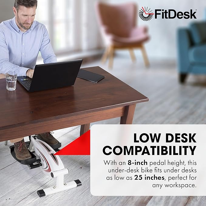 FitDesk Under Desk Bike Exercise Machine, Compact Magnetic Pedal Exerciser, Mini Elliptical, Quiet Seated Cardio Trainer for Home Office Workouts, Adjustable Resistance Bike for Desk Fitness