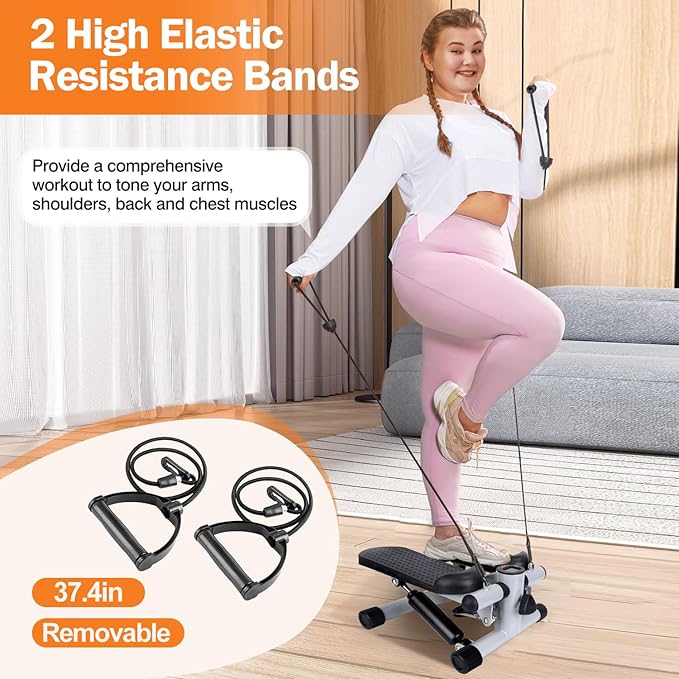 Mini Stair Stepper with Resistance Bands, Steel Frame, LCD Monitor, 330.7 lbs Capacity, Home Fitness Equipment for Full Body Workout, Weight Loss, Grey, 11x15x7.3 Inch