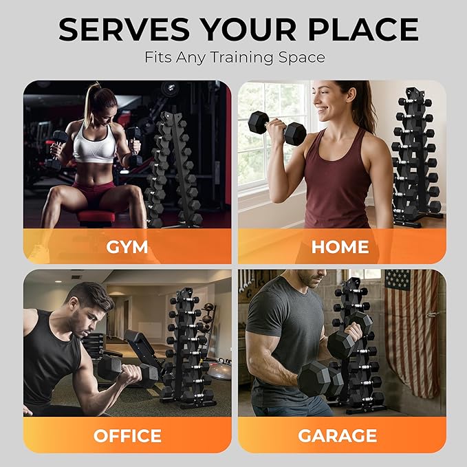 Rubber Hex Dumbbell Set with Rack, 8/10/12/15/20 Pair (450/550/780/1200/1550/2100 lbs total) Weight Rack with Dumbbells for Home Gym & Strength Training