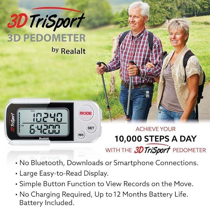 Realalt 3DTriSport Walking 3D Pedometer with Clip & Strap, eBook Included 30 Days Memory Accurate Step Counter, Walking Distance Miles/Km, Calorie Counter, Daily Exercise Time Monitor