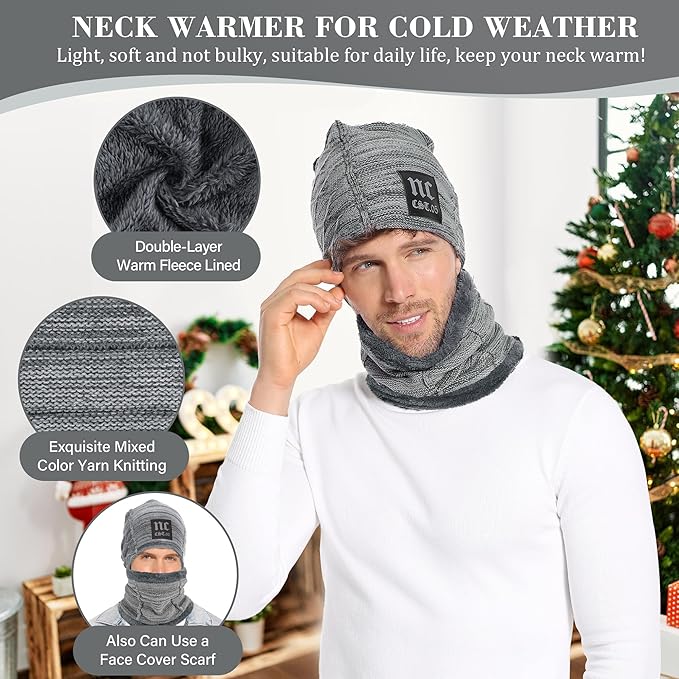 FZ FANTASTIC ZONE Mens Womens Winter Beanie Hat Scarf Set Warm Knit Thick Fleece Lined Skull Cap Neck Warmer for Men Women