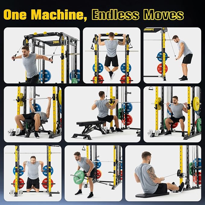 ToughFit F4 Smith Machine, Power cage with Adjustable Cable Crossover System, All-in-One Squat Rack Training Equipment for Home Gym