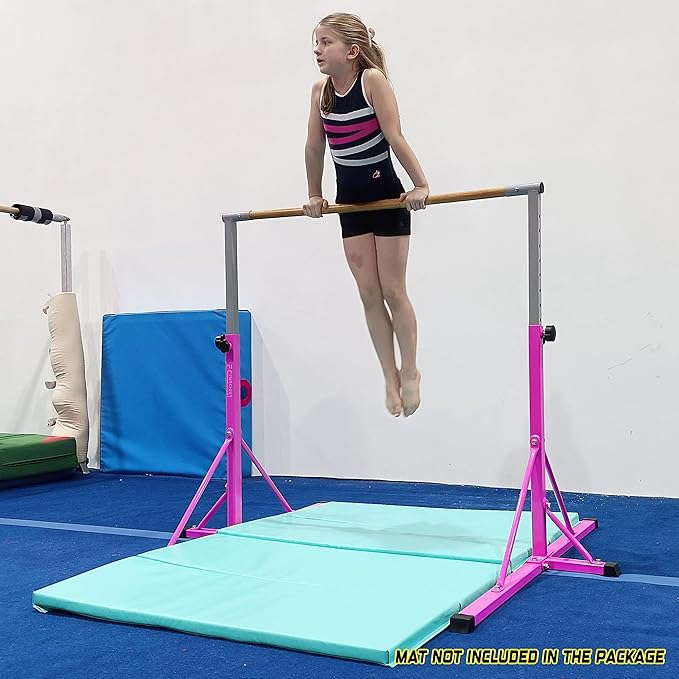Gymnastics Bar for Kids Ages 3-15, 35" to 60" Adjustable Height, 4FT Wide Base - Professional Kip Bar with 360° Stability & Fiberglass Crossbar, Easy Fold&Solid Design for Home Training