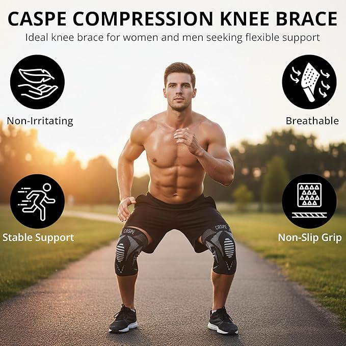 Caspe 2 Pack Compression Knee Brace for Women & Men – Pain Relief Support with Patella Gel Pads & Side Stabilizers – Knee Sleeve for Running, Workout & Arthritis (Gray, Large)