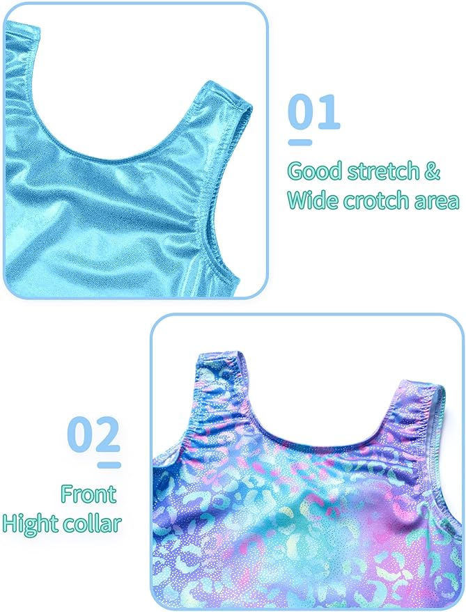 Nymphperi 2 Packs Gymnastics Leotard for Girls Sparkle Biketards with Shorts Kids Sleeveless Unitard One-Piece Dancewear