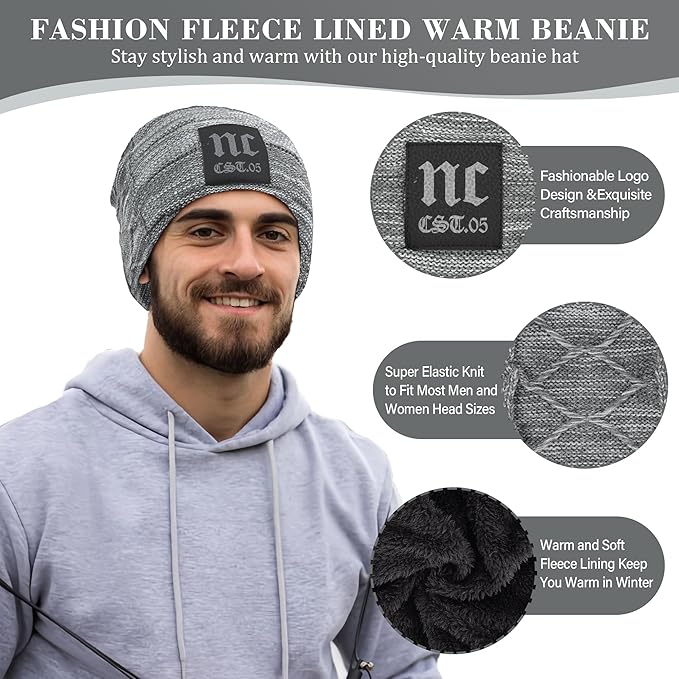 FZ FANTASTIC ZONE Mens Womens Winter Beanie Hat Scarf Set Warm Knit Thick Fleece Lined Skull Cap Neck Warmer for Men Women