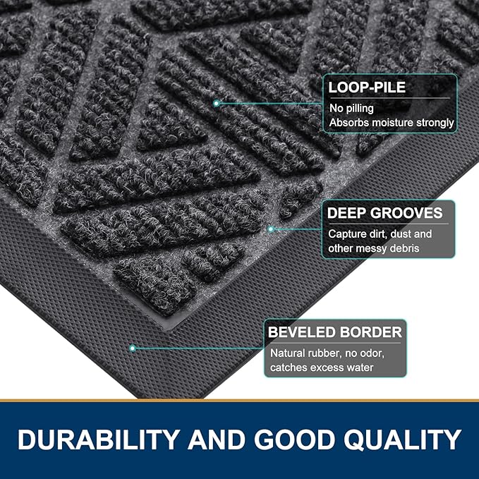 Smiry Front Door Mat Outside Entrance, Heavy Duty Sturdy Natural Rubber Doormat, Trap Dirt and Moisture, Easy Clean Low Profile Mats for Indoor Outdoor Entry, Grid Geometric (36x24, Grey)