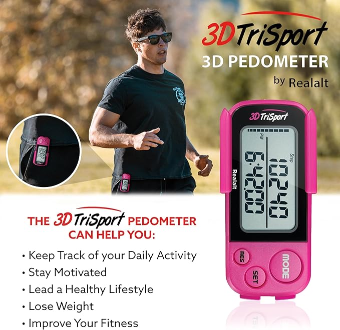 Realalt 3DTriSport Walking 3D Pedometer with Clip & Strap, eBook Included 30 Days Memory Accurate Step Counter, Walking Distance Miles/Km, Calorie Counter, Daily Exercise Time Monitor