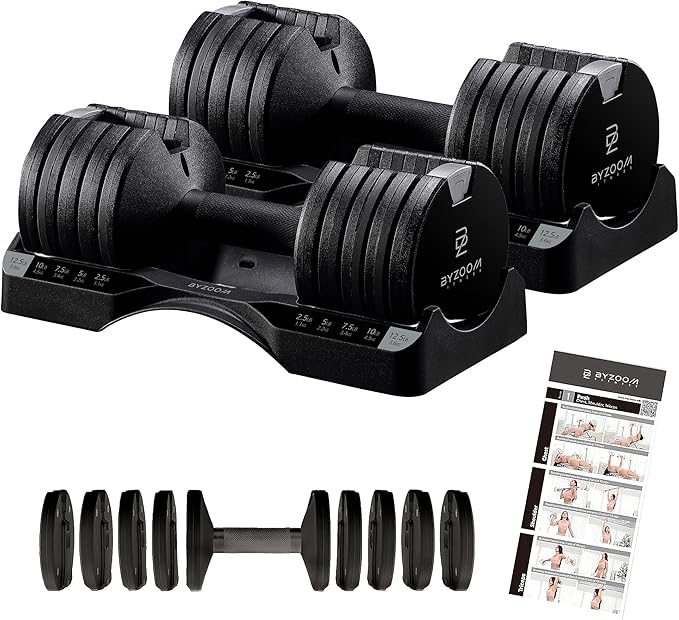 BYZOOM FITNESS Adjustable Dumbbell – 12.5/25lb Single Unit OR Set of 2 – 5-in-1 Adjustable Weight for Home Gym, Strength Training & Fitness Workouts, White OR Black