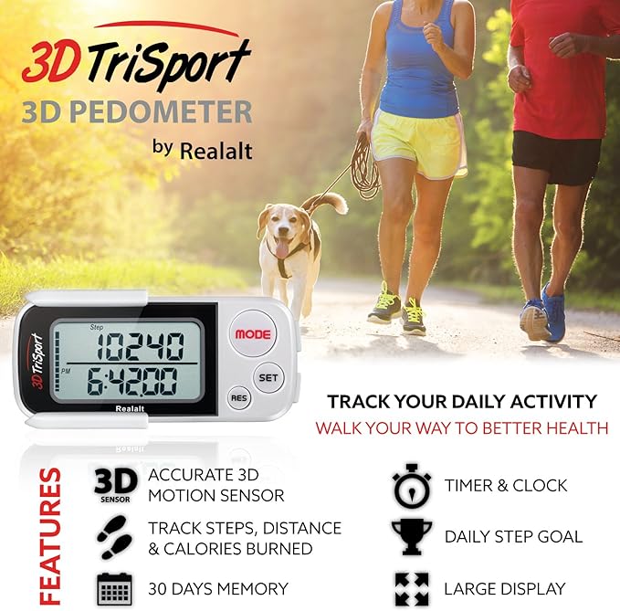 Realalt 3DTriSport Walking 3D Pedometer with Clip & Strap, eBook Included 30 Days Memory Accurate Step Counter, Walking Distance Miles/Km, Calorie Counter, Daily Exercise Time Monitor