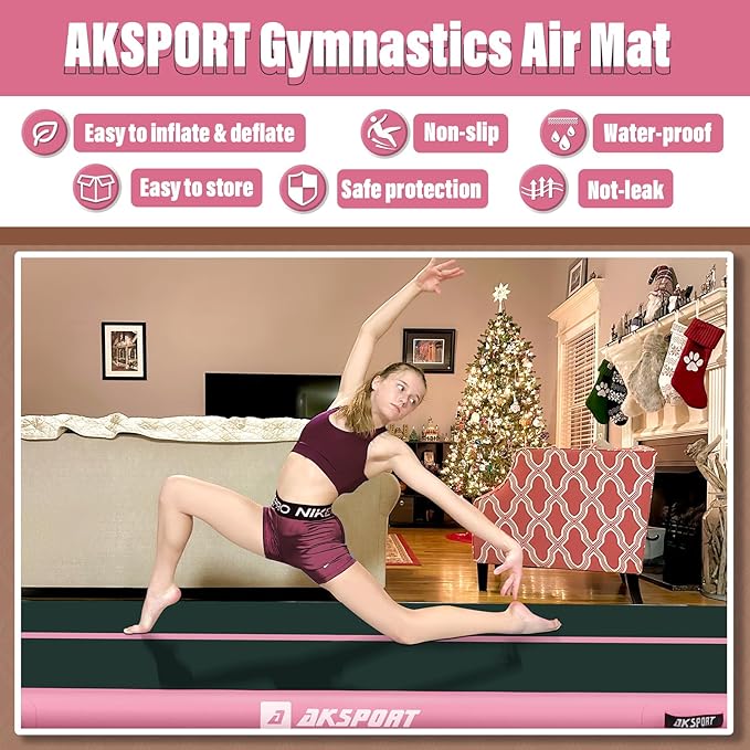 AKSPORT Inflatable Gymnatsics Mat Tumble Track 10ft 13ft 16ft 20ft 23ft Air Tumbling Mat with Air Pump for Home Use/Training/Cheerleading/Yoga