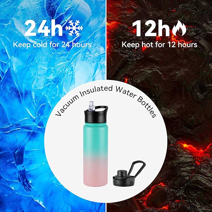 24oz Insulated Water Bottle with Straw Lid, Stainless Steel Metal Water Bottle with Straw & Wide Mouth Lid, Double Wall Vacuum Water Bottle for Hiking Camping, Bubble Gum 1 Pack