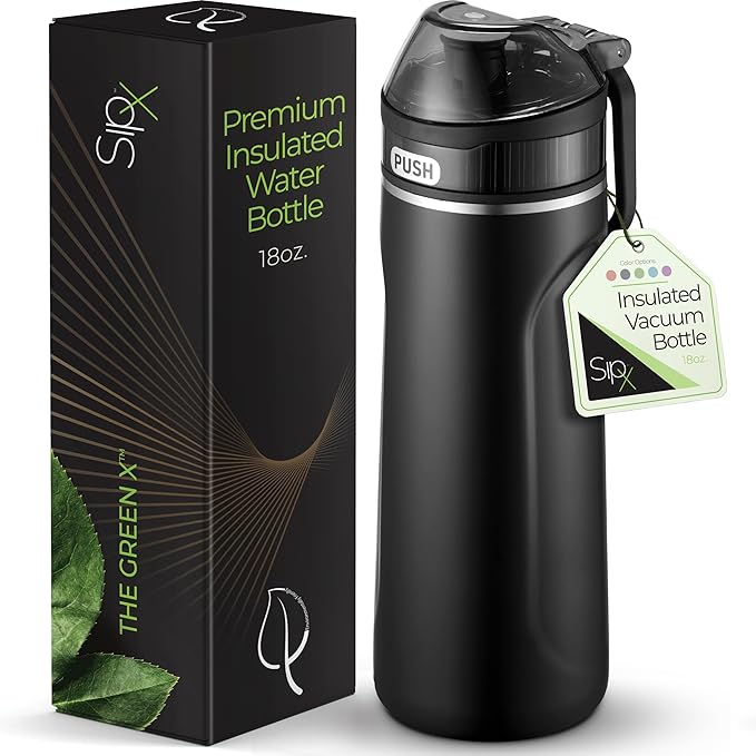 SIPX™ 18 oz Premium Stainless Steel Water Bottle with Straw Lid – Triple Insulated, Leakproof, BPA-Free – Slim, Durable Bottle for School, Gym, Office – Black