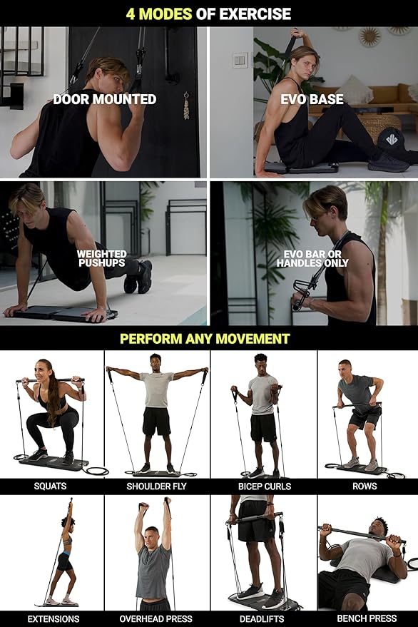 EVO Gym - Portable Home Gym Strength Training Equipment, at Home Gym | All in One Gym - Resistance Bands, Base Holds Gym Bar & Handles for Travel | Portable Gym & Home Exercise Equipment