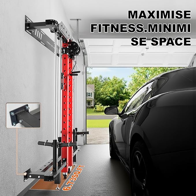 Folding Power Rack, Wall Mounted Squat Rack with Cable Pulley System, Multi-Grip Pull-Up Bar, Landmine for Home Gym, Compact Power for Small Spaces, FR67