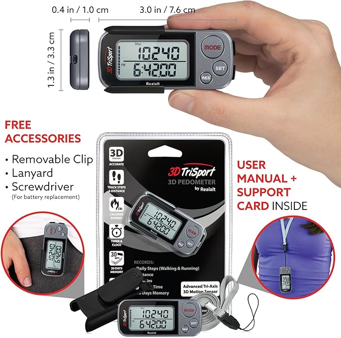 Realalt 3DTriSport Walking 3D Pedometer with Clip & Strap, eBook Included 30 Days Memory Accurate Step Counter, Walking Distance Miles/Km, Calorie Counter, Daily Exercise Time Monitor