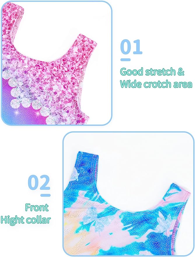 Nymphperi 2 Packs Gymnastics Leotard for Girls Sparkle Biketards with Shorts Kids Sleeveless Unitard One-Piece Dancewear