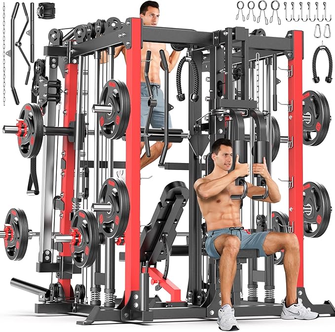 Smith Machine, Multi-Purpose Strength Power Cage with Cable Crossover System and More Training Accessories,Squat Rack Power Rack，Suitable for Home Gyms