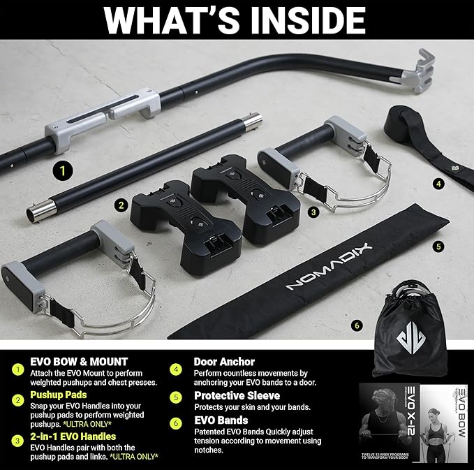 EVO Bow - All in One Portable Home Gym System with Ultra Weighted Push Up Board | Compact Strength Training and Exercise Equipment for Travel, Notched Resistance Bands for Full Body Training | 300lbs