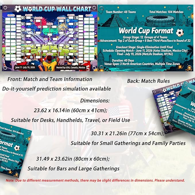 TOKLYUIE World Cup Schedule Poster 2026 Double-Sided Tear-Resistant Printing Team Info Chart Soccer Tournament Wall Chart Gift for Fans