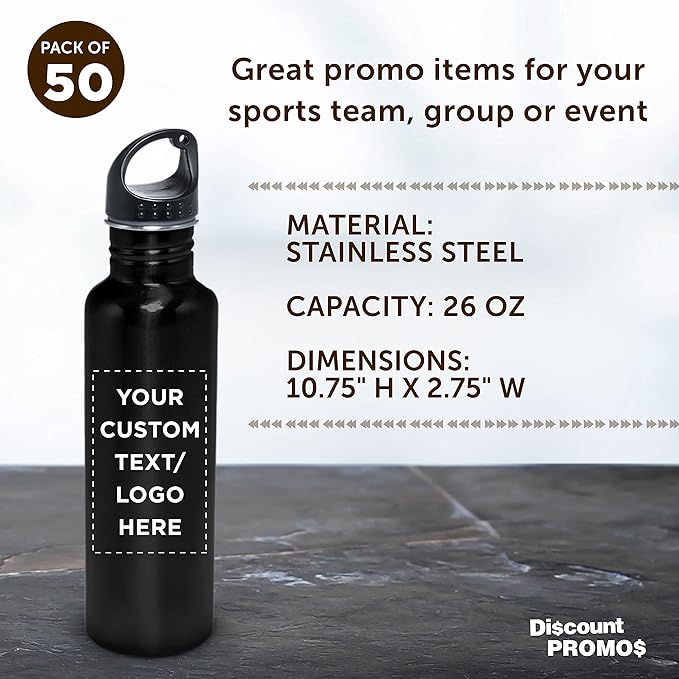 DISCOUNT PROMOS Custom Stainless Steel Water Bottles 26 oz. Set of 50, Personalized Bulk Pack - Reusable, Leak Proof, Perfect for Gym, Hiking, Camping, Outdoor Sports - Black