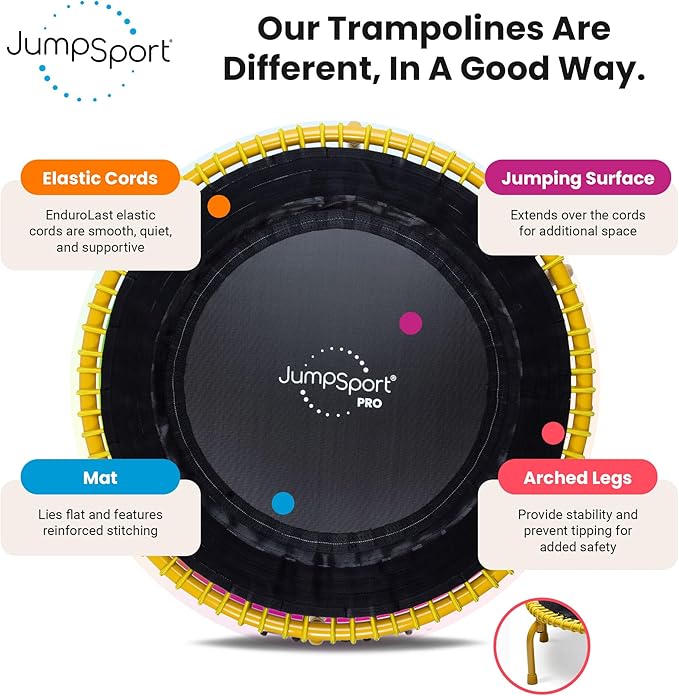 JumpSport 350 PRO Fitness Trampoline, Cardio Workout, No-Tip Arched Legs Home Gym Equipment, Adjustable Bungees & 60 Day Trial Video