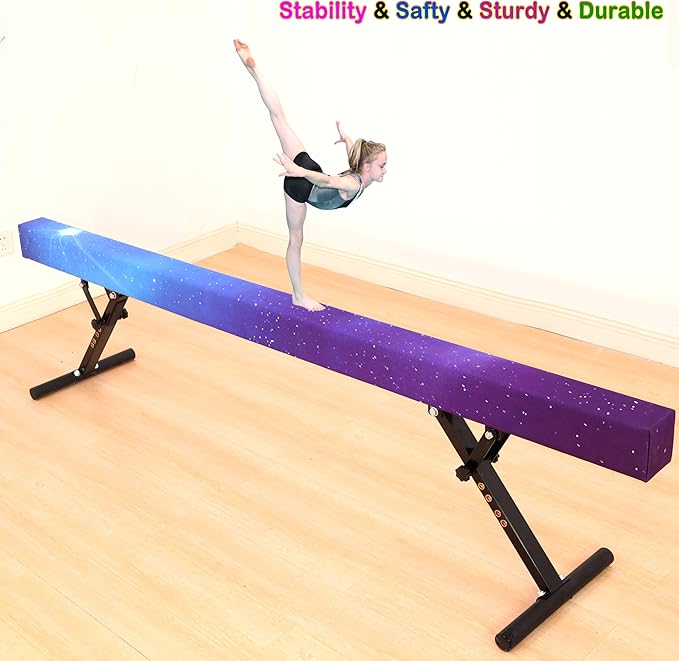 8 Ft Gymnastic Balance Beam with Adjustable Height From7 inch to 22 inch for Kids Children Home Practice, Adjustable Balance Beam with Leg, High and Low Floor Gymnatic Training Beam