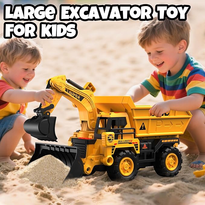 Construction Toy Truck with Race Track Launcher, 2-in-1 Storage Dump Truck and Excavator Playset with 10 Mini Cars, Racing Track Toys for Kids Ages 3-8, Birthday Gift for Boys Girls