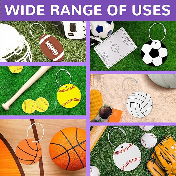 6Pcs Sports (baseball softball football volleyball basketball) Luggage Tags Set for Travel Suitcases Labels with Metal Ring 2.75in Keychain PVC Name Id and DIY Pocket Hug Card for Men Women Travel Bag