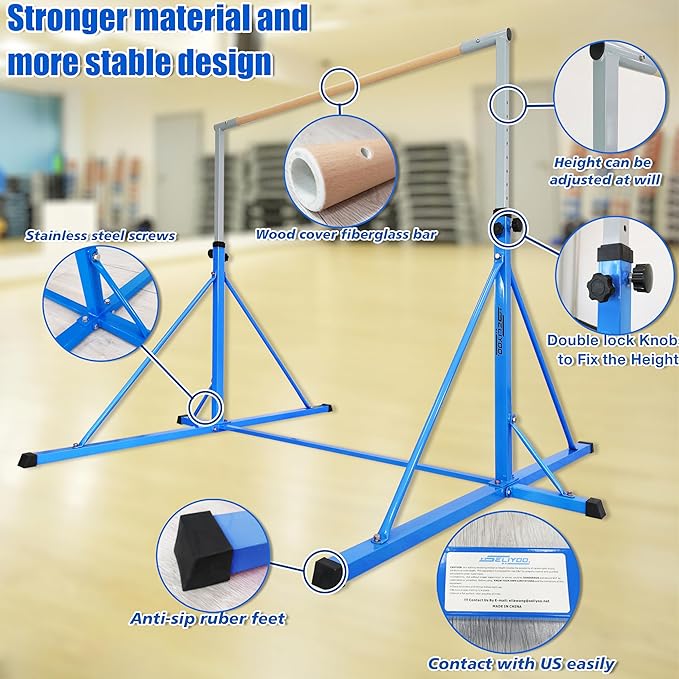 Gymnastics Bar for Kids Adults Ages 5-25,6FT Width ,7.2 FT Base Length ,Gymnastic Horizontal bar,Kip bar For Real Gymnastics,Height Adjustable 49.2" to 68.9",Competition Gymnastics Equipment For Home Gym 500LB Capacity