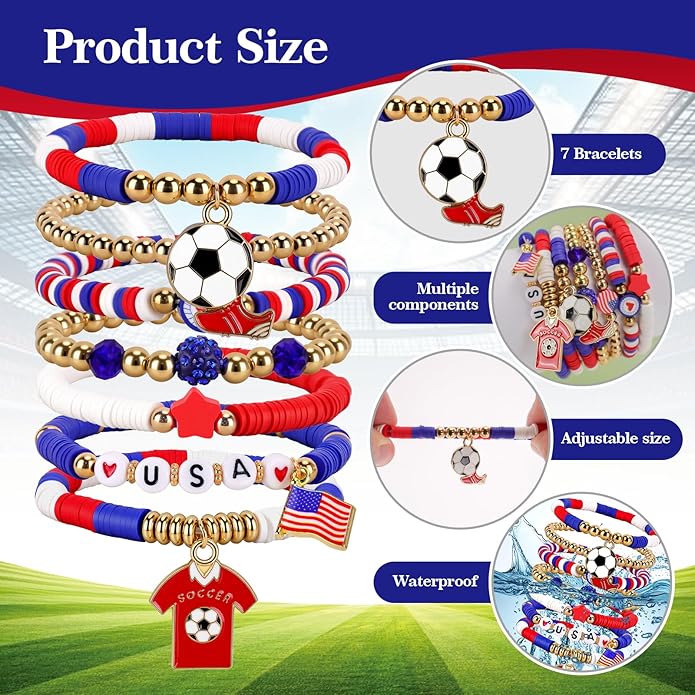 Soccer Bracelet For Women, Game Day Mom Accessories & Outfits Sports Jewelry Fans Gifts, Charm Beaded Stretch Bracelets Essentials Team Gear