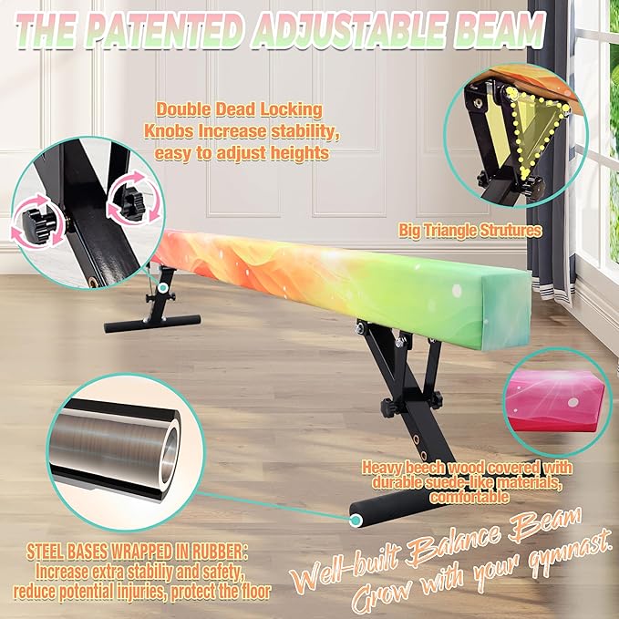 PreGymnastic 8FT Balance Beam, Raised Gymnastics Beam for Kids Ages 3-12, Home Gym Equipment for Training, Adjustable Balancing Beam Indoor, Off-Ground Competition Style