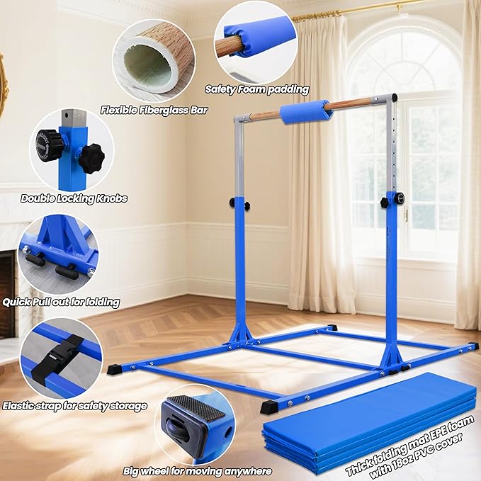 Foldable Gymnastic Bar for Kids Ages 3-20,5FT/6FT Horizontal Bar Base Length,Height Adjustable Kids Training Bar for Gymnastics,Gymnastics Equipment for Home Clubs