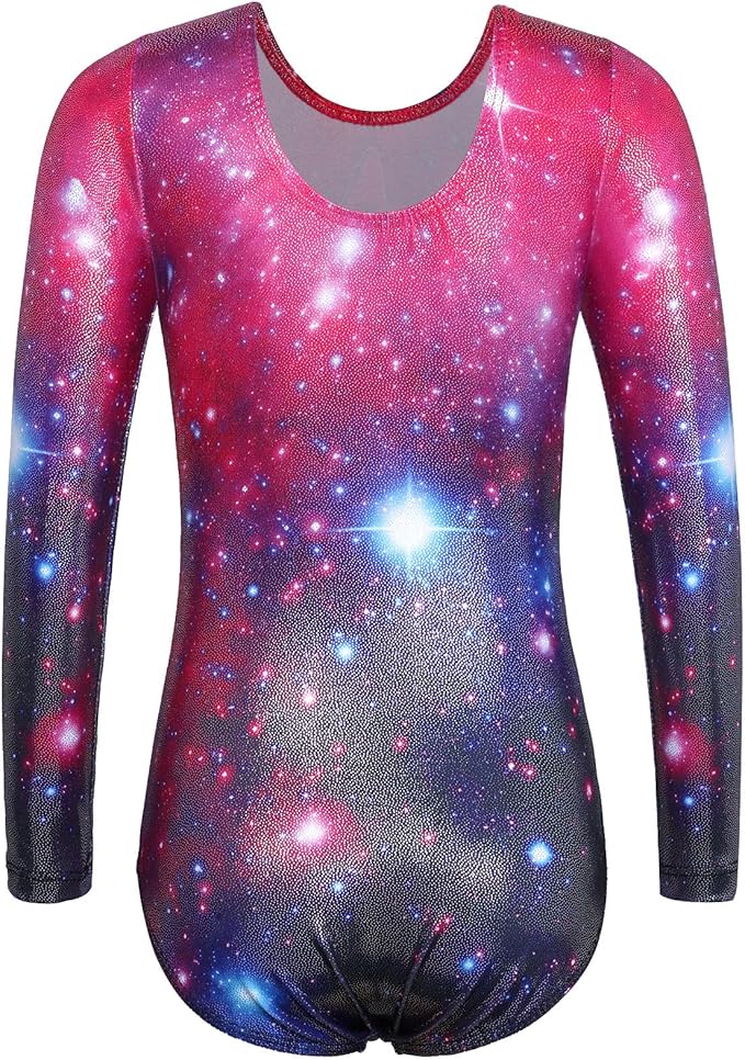 BAOHULU Leotards for Girls Gymnastics Long Sleeve Embroidery Shiny Black Diamond Dance Clothes