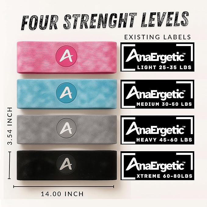AnaErgetic Premium Resistance Bands, 4 Set of Stretch Bands for Booty Legs, Exercise Workout Bands for Women and Men, Pilates Flexbands, Durable Fabric, Exclusive Box and Carry Bag
