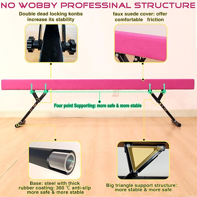 8 Ft Gymnastic Balance Beam with Adjustable Height From7 inch to 22 inch for Kids Children Home Practice, Adjustable Balance Beam with Leg, High and Low Floor Gymnatic Training Beam