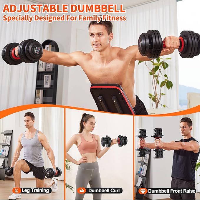 25/55LB Adjustable Dumbbell Set,10 in 1 Free Weights Dumbbell with Anti-Slip Texture Handle,1 Sec Speed Adjustment Men/Women Gym and Home Strength Training Equipment.