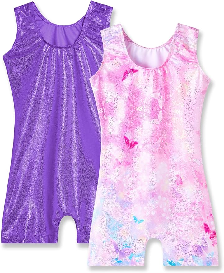 Nymphperi 2 Packs Gymnastics Leotard for Girls Sparkle Biketards with Shorts Kids Sleeveless Unitard One-Piece Dancewear