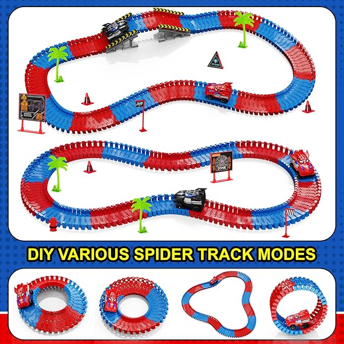 Spider Race Track Toy for Boys 4-6, Race Car Set with 2 Spider Cars, DIY Flexible Tracks Playset, Toddler STEM Building Toys for Girls, Christmas, Birthday Gift for Kids Ages 3+
