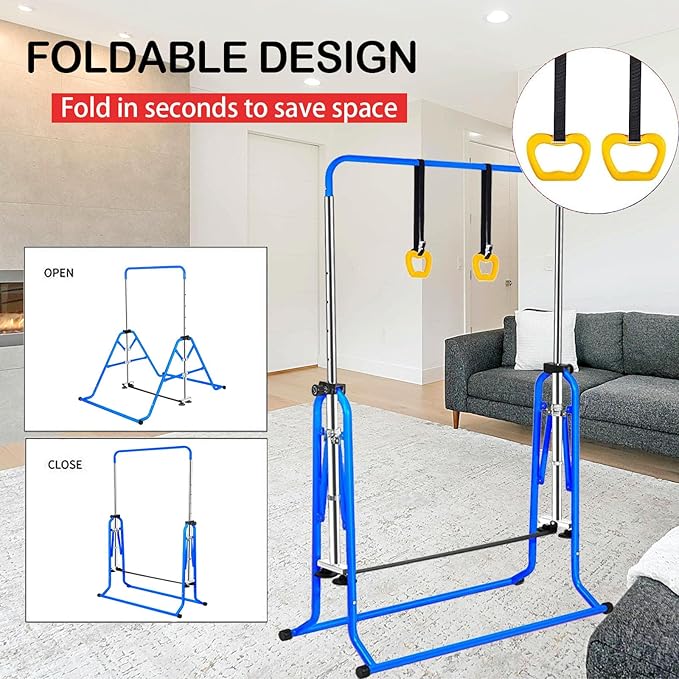 Gymnastics Horizontal Bar, Junior Training Kip Bar Gymnastics Equipment for Home, Adjustable Telescopic Height Folding Horizontal Bar with Gymnastic Rings for 3-12 Years Old Kids