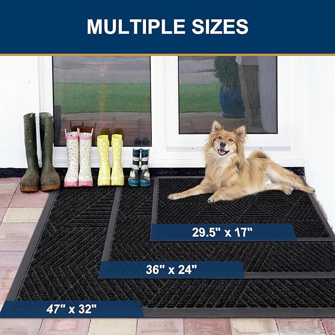 Smiry Front Door Mat Outside Entrance, Heavy Duty Sturdy Natural Rubber Doormat, Trap Dirt and Moisture, Easy Clean Low Profile Mats for Indoor Outdoor Entry, Irregular Triangle (36x24, Black)
