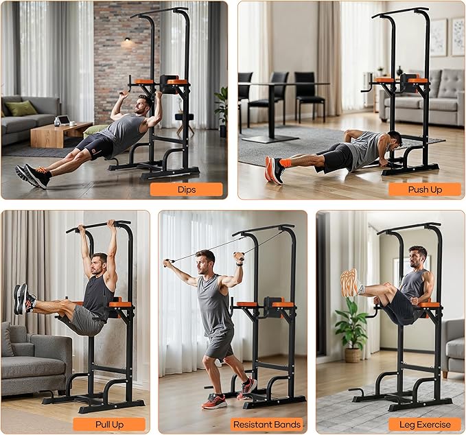 Power Tower Pull Up Bar,Pull Up Bar Station, 6-Level Adjustable Pull Up Dip Station for Home Gym, 450 Lbs Weight Capacity, Strength Training Fitness Workout Equipment with Power Elastic Ropes