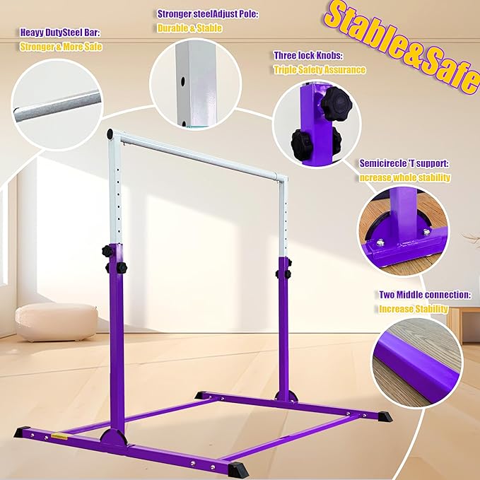MARFULA Gymnastic Bar with 4 ft Inner Width 5 ft Adjust Height for Kids Kip Bar with 350 lbs Gymnastic Training Equipment for Kids 3-15 Years Home and Club Use