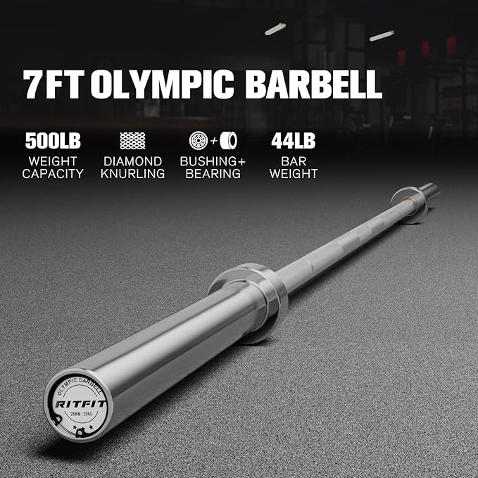 RITFIT 7FT Olympic Barbell for Strength and Weightlifting Training - 2 Inch Olympic Bar for Squat, Deadlift, Bench Press, Curl, Overhead Press - 600lbs/1000lbs/1200lbs Capacity