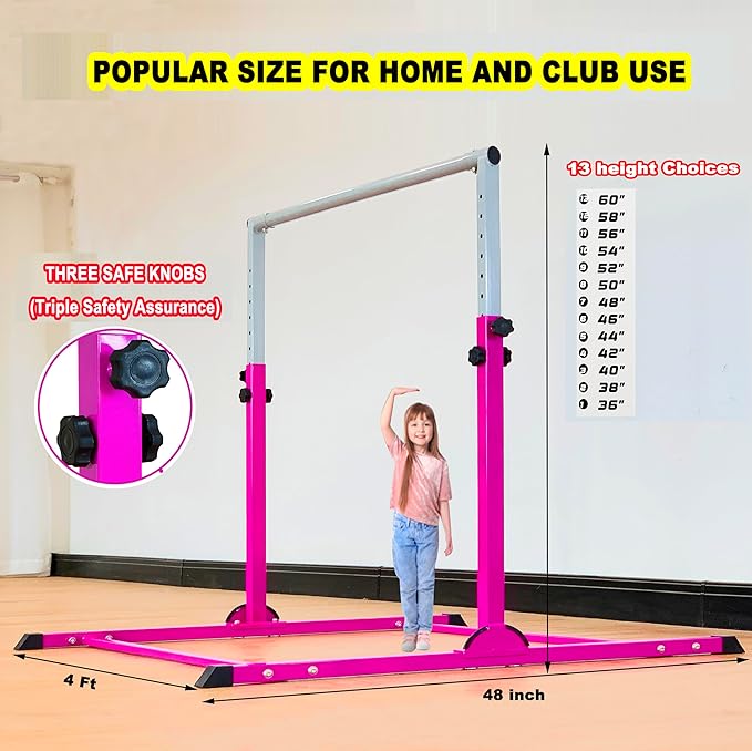 MARFULA Gymnastic Bar with 4 ft Inner Width 5 ft Adjust Height for Kids Kip Bar with 350 lbs Gymnastic Training Equipment for Kids 3-15 Years Home and Club Use