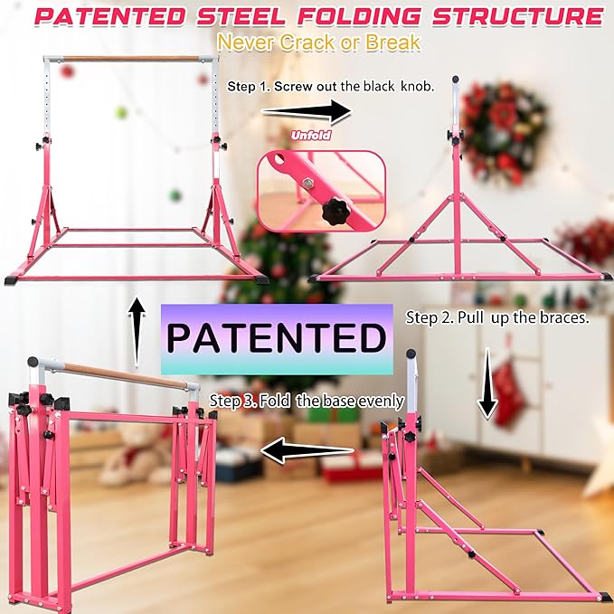 PreGymnastic Foldable Gymnastics Bar, 5.6FT Folding Horizontal Bars for Kids Ages 3-12, Weight Limit 350 LBS, Adjustable kip Bar, Children Home Gym Equipment Indoor