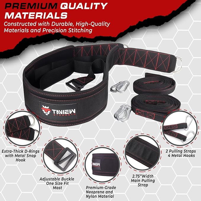 TAVIEW Sled Pulling Belt with Adjustable Closure, 2 Sled Pulling Straps & 4 Hooks – Ideal for Resistance Training, Strength