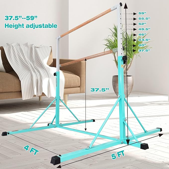 Gymnastics Bar for Kids Ages 3-15, 35" to 60" Adjustable Height, 4FT Wide Base - Professional Kip Bar with 360° Stability & Fiberglass Crossbar, Easy Fold&Solid Design for Home Training